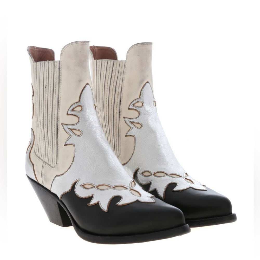 Buttero Texan Ankle Boots Black White Western Panels Size 9.5 Distressed Cowgirl